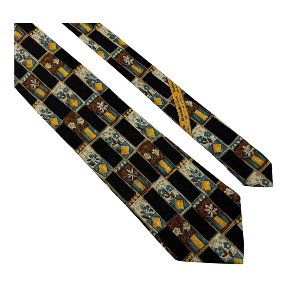 Ermenegildo Zegna‎ Black Silk Tie Potted Flowers Print 3.5x58 Made in Italy